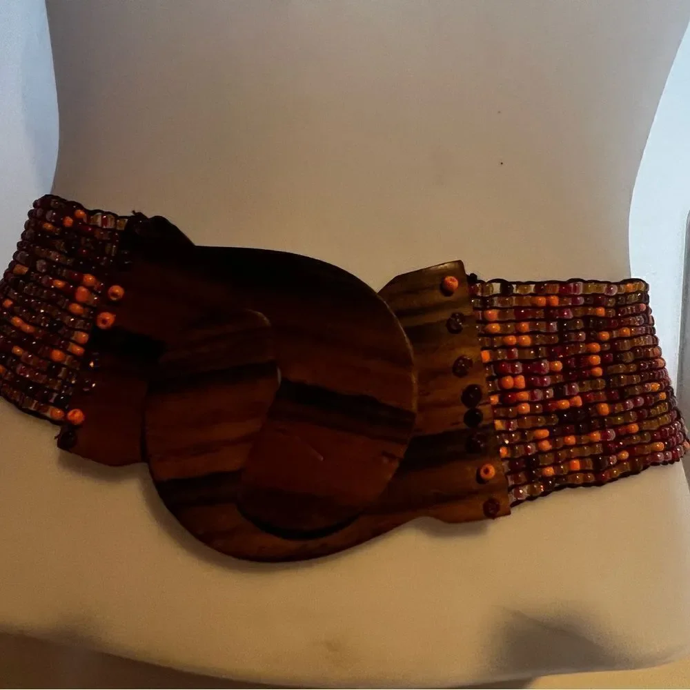 beaded dress belt tribal stone wooden closure